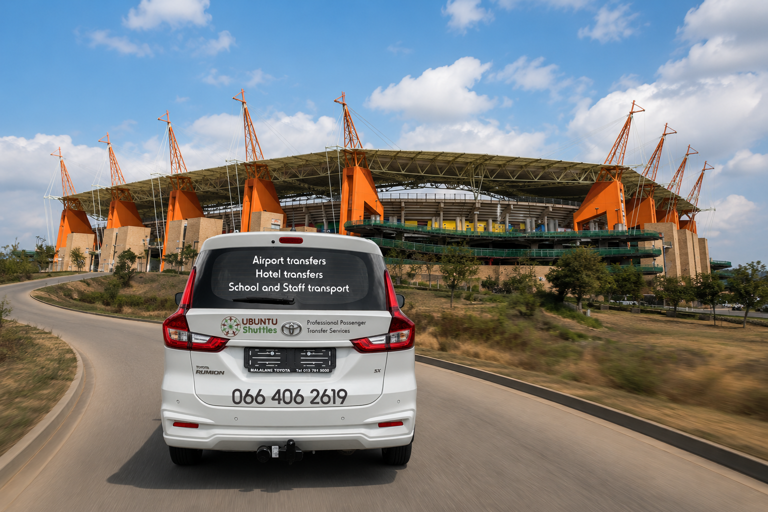 Ubuntu Shuttles vehicle with services displayed